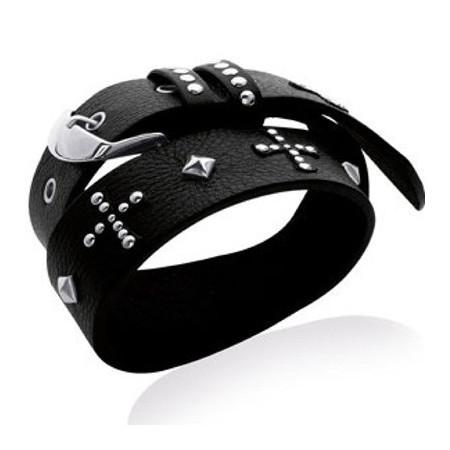 Bracelet à clous cuir noir et acier.