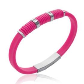 Bracelet silicone rose et acier avec pierres.