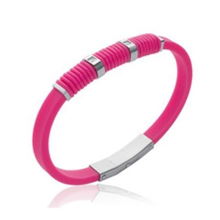 Bracelet silicone rose et acier avec pierres.