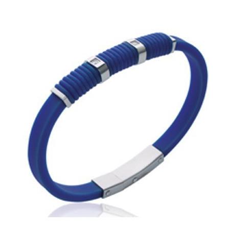 Bracelet silicone bleu et acier avec pierres.