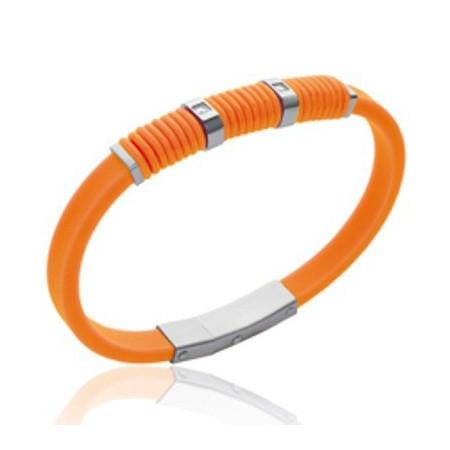 Bracelet silicone orange et acier avec pierres.