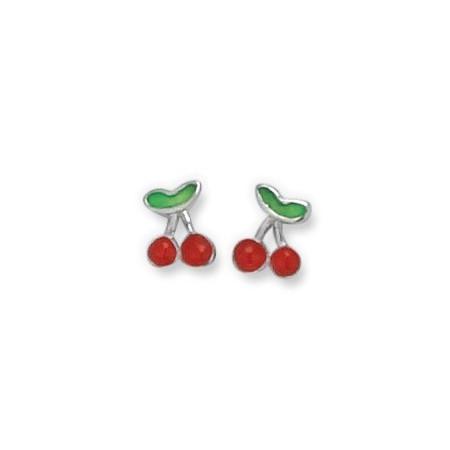 Clous d\'oreilles cerises en argent émaillé. - Bijouterieonline.com