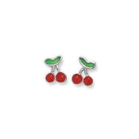 Clous d'oreilles cerises en argent émaillé.