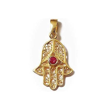 Pendentif plaqué or main de fatma pierre rouge