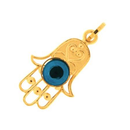 Pendentif main de Fatma en or oeil bleu