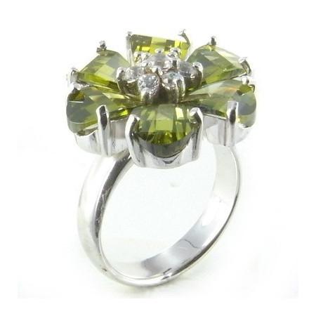 Bague fleur en argent et oxydes vert