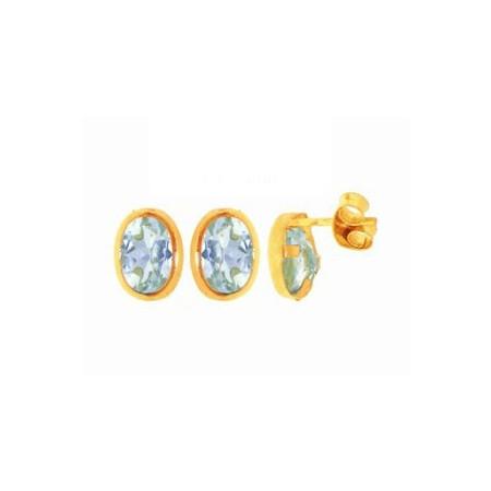 Clous d'oreilles or jaune et aigues marine 6 x 4 mm