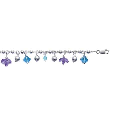 Bracelet argent breloques boules et crital bleu et mauve -1