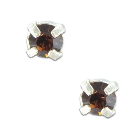 Clous d'oreilles en argent et cristal marron taille ronde