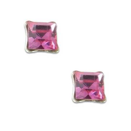 Clous d'oreilles en argent et cristal carré rose