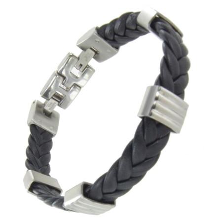 Bracelet homme acier et cuir tressé.