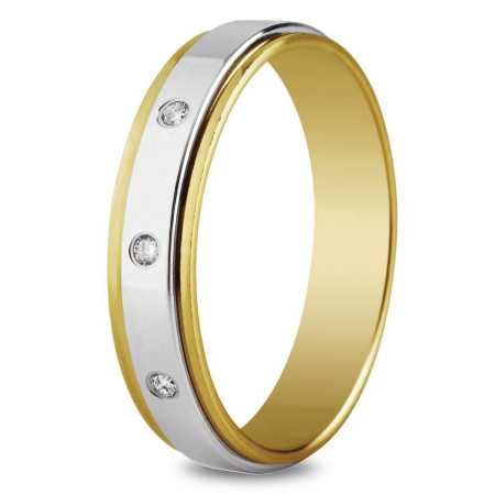 Alliance bicolore 5 mm, polie brillante et 3 diamants de 0,06 carat