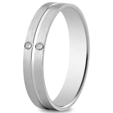 Alliance or blanc 4 mm, mate, brillante et 2 diamants de 0,03 ct