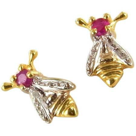 Boucles d'oreilles abeilles en or avec rubis