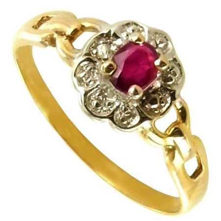 Bague fleur en or avec rhodiage, rubis de 5x3mm et diamant