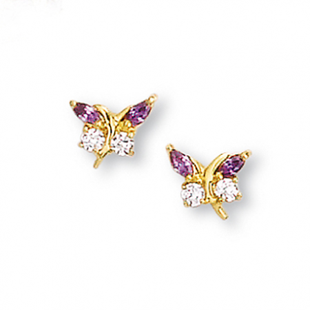 Boucles d'oreilles papillons plaqué or et oxyde de zirconium mauve