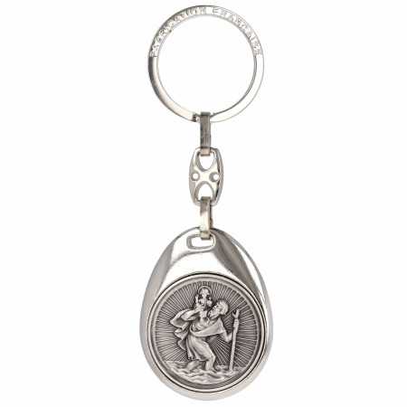 Porte-clés acier ovale St Christophe rayonnant avec gravure