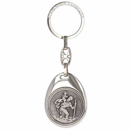 Porte-clés acier ovale St Christophe rayonnant avec gravure - Bijouterieonline.com