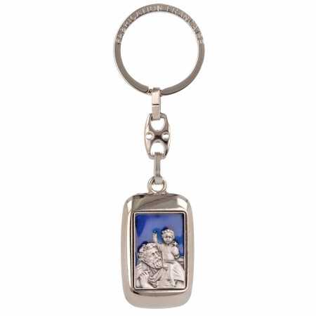 Porte-clés acier rectangulaire avec St Christophe vitrail bleu