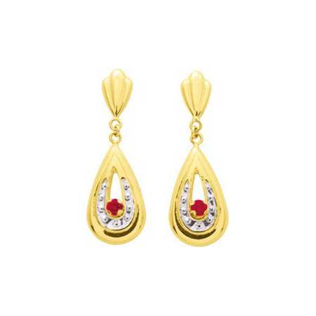 Boucles d'oreilles or et rubis 2 x 0,6 cm