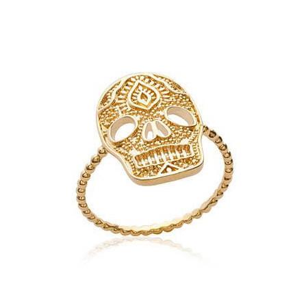 Bague plaqué or jaune tête de mort tatouée