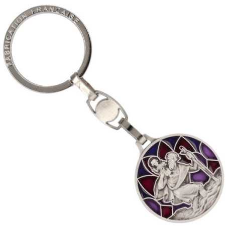Porte-clés rond en acier avec médaille St Christophe