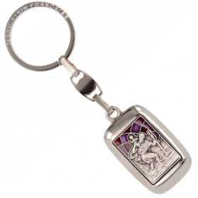 Porte-clés acier rectangulaire avec St Christophe vitrail mauve - Bijouterieonline.com