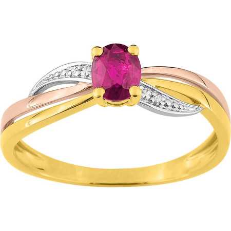 Bague trois ors 750 avec rubis ovale de 0,44 carat et diamant