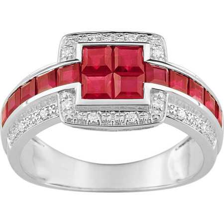 Bague or blanc 750/1000 avec rubis carré 1,94 carat et diamants