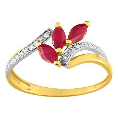 Bague or bicolore 750 avec rubis navette et diamants