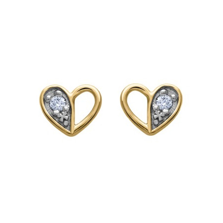 Clous d'oreilles coeurs or bicolore et diamant HSI 0.02ct