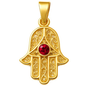 Pendentif plaqué or main de fatma pierre rouge